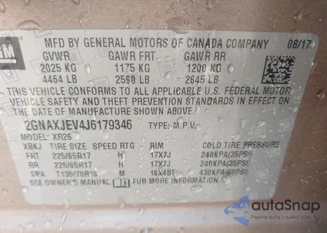 2018 Chevrolet Equinox Lt z USA, uszkodzony, nr VIN 2GNAXJEV4J6179346